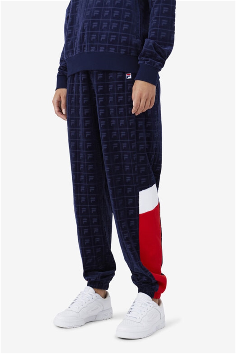 Navy / Red / White Women's Fila Helen Velour Joggers | Saudi Arabia-849253