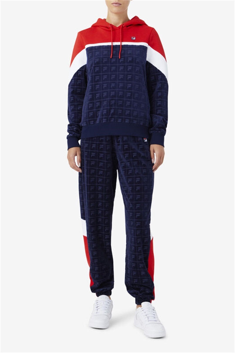 Navy / Red / White Women's Fila Helen Velour Joggers | Saudi Arabia-849253