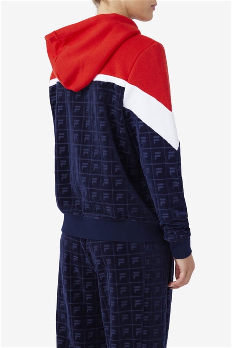 Navy / Red / White Women's Fila Lorri Velour Hoodie | Saudi Arabia-528361