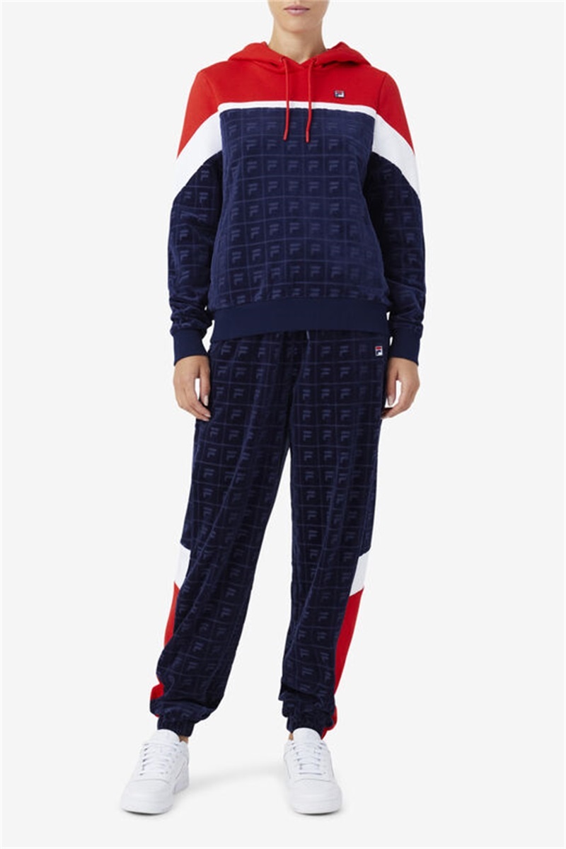 Navy / Red / White Women's Fila Lorri Velour Hoodie | Saudi Arabia-528361