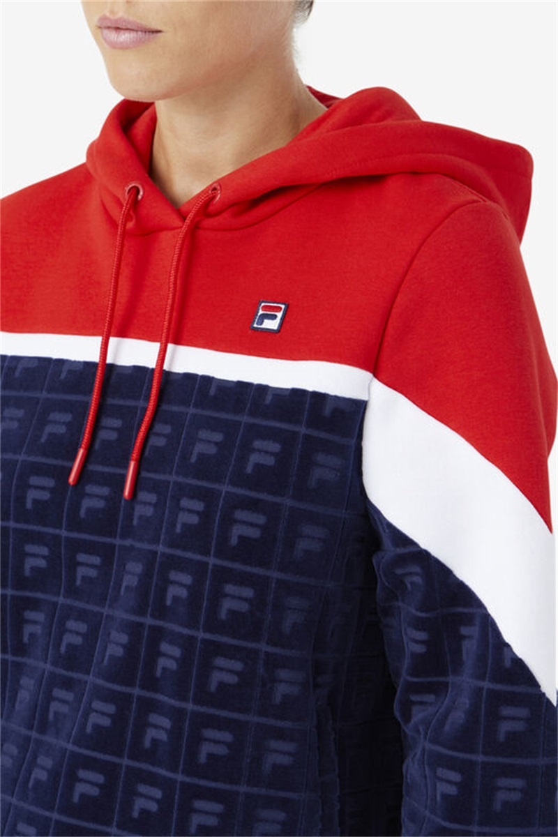 Navy / Red / White Women's Fila Lorri Velour Hoodie | Saudi Arabia-528361