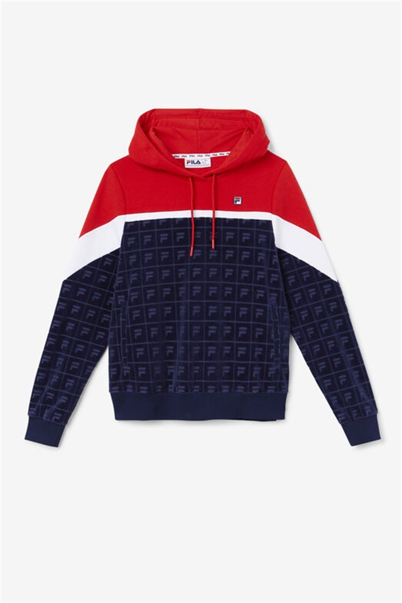 Navy / Red / White Women\'s Fila Lorri Velour Hoodie | Saudi Arabia-528361