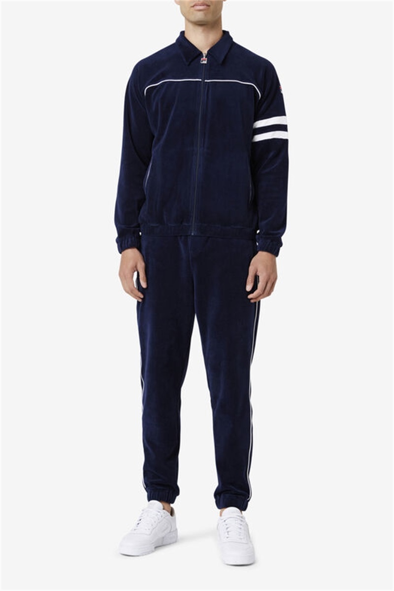 Navy / White Men's Fila Lewis Velour Pants | Saudi Arabia-475029