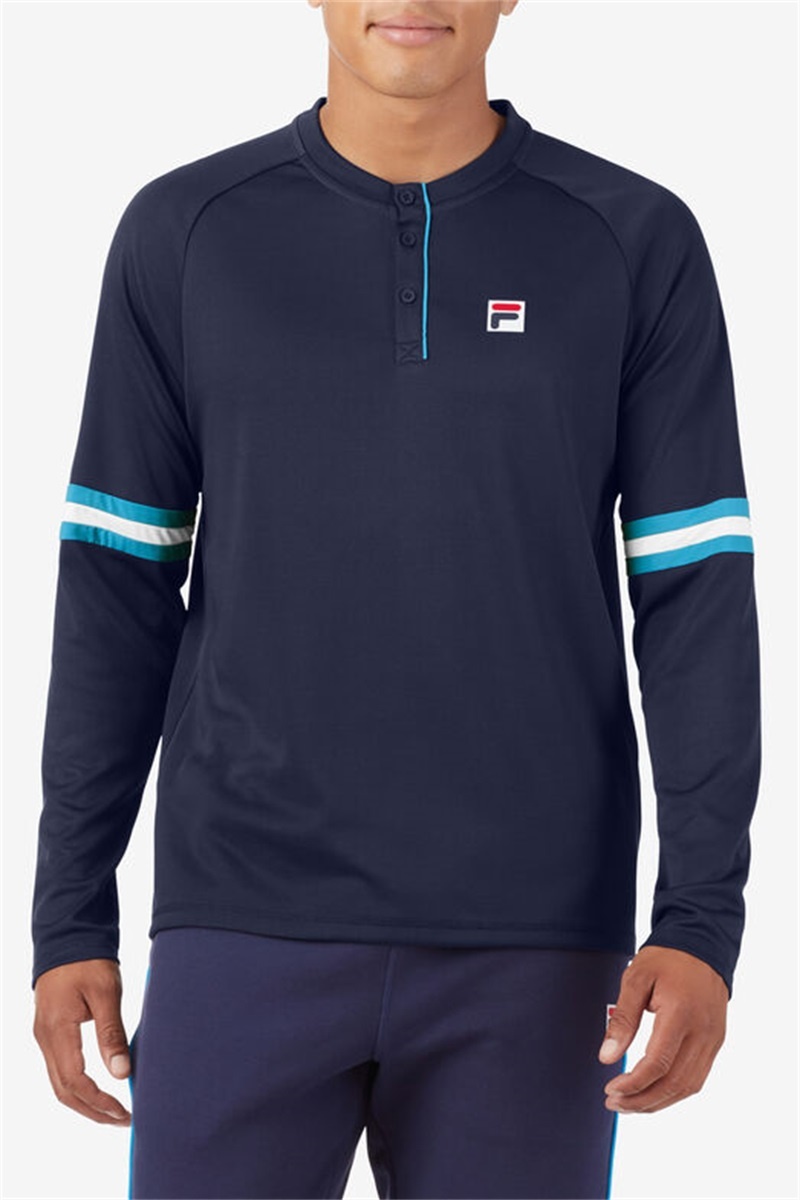 Navy / White Men's Fila Tie Breaker Long Sleeve Henley Shirts | Saudi Arabia-759463