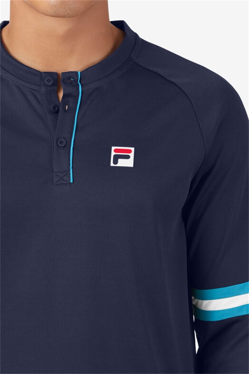 Navy / White Men's Fila Tie Breaker Long Sleeve Henley Shirts | Saudi Arabia-759463