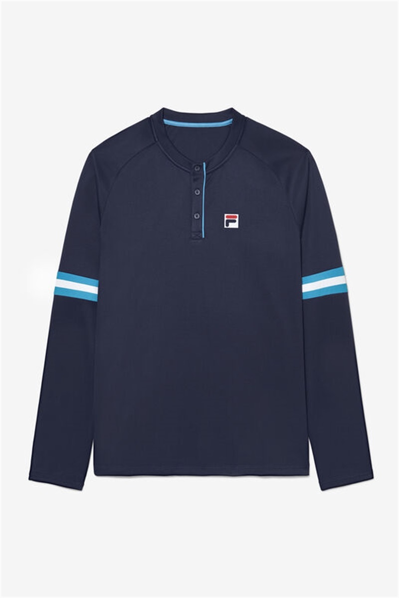 Navy / White Men\'s Fila Tie Breaker Long Sleeve Henley Shirts | Saudi Arabia-759463