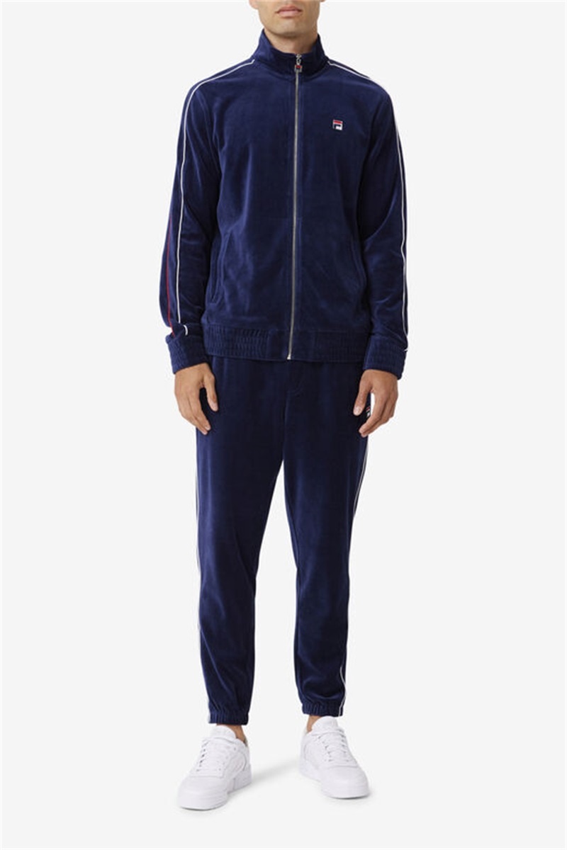 Navy / White / Red Men's Fila Deverall Velour Pants | Saudi Arabia-390568
