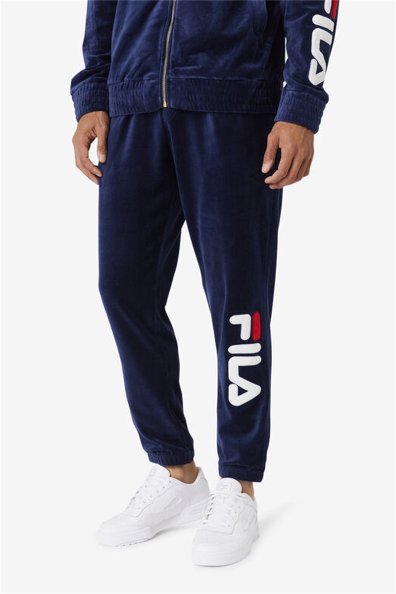 Navy / White / Red Men's Fila Mansur Velour Pants | Saudi Arabia-164753