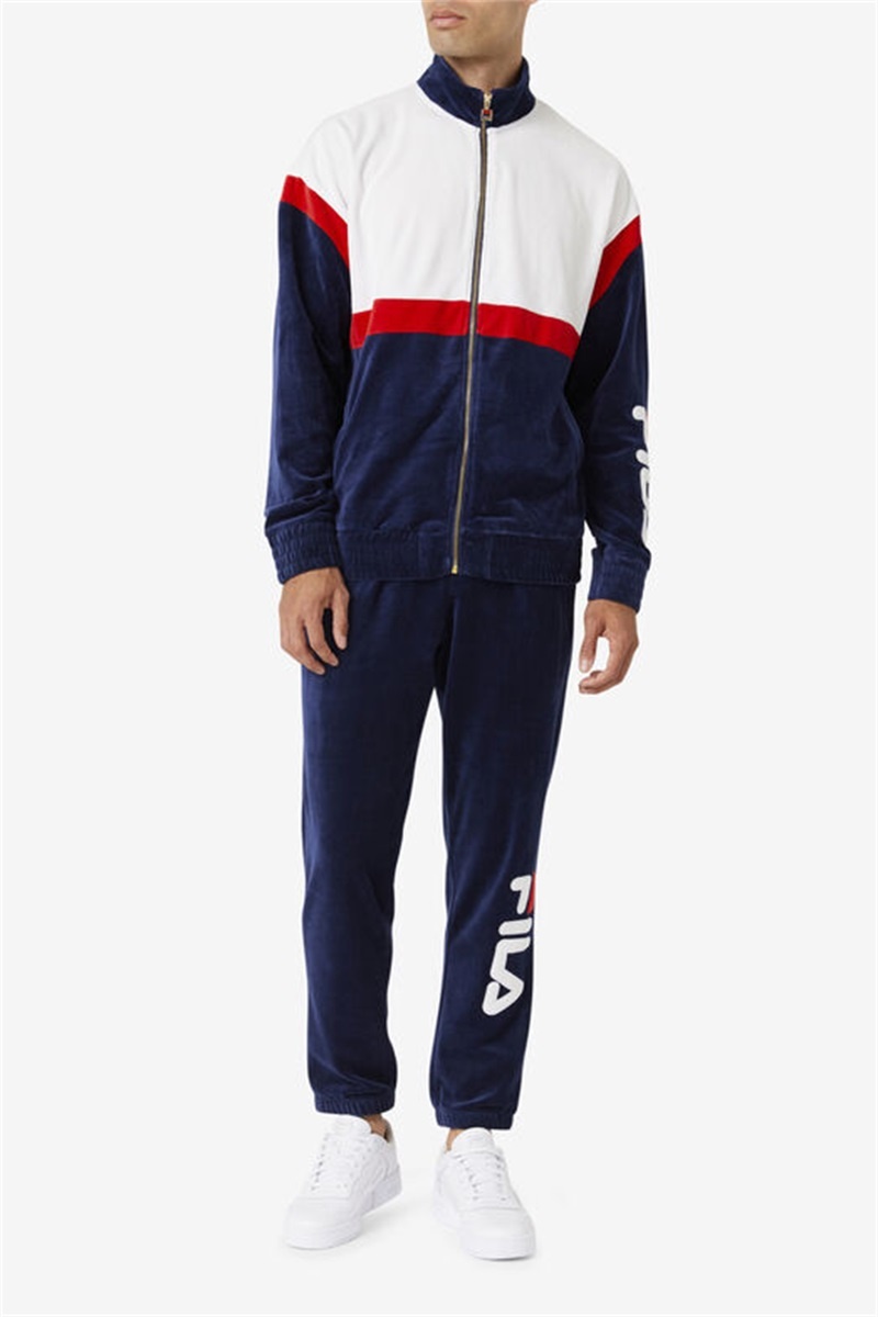 Navy / White / Red Men's Fila Mansur Velour Pants | Saudi Arabia-164753
