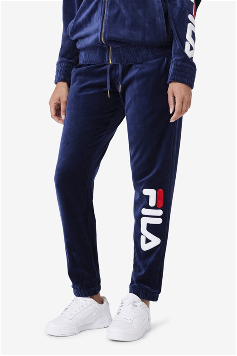 Navy / White / Red Men's Fila Mansur Velour Pants | Saudi Arabia-164753