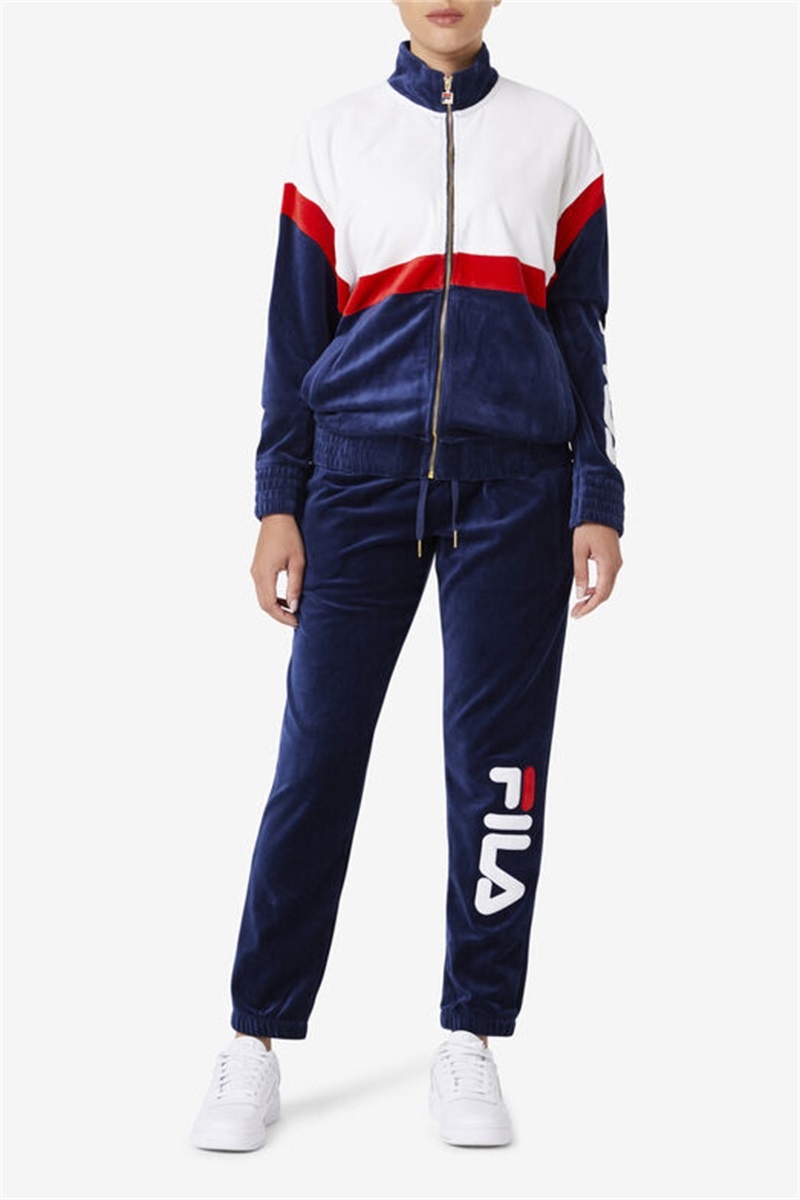 Navy / White / Red Men's Fila Mansur Velour Pants | Saudi Arabia-164753