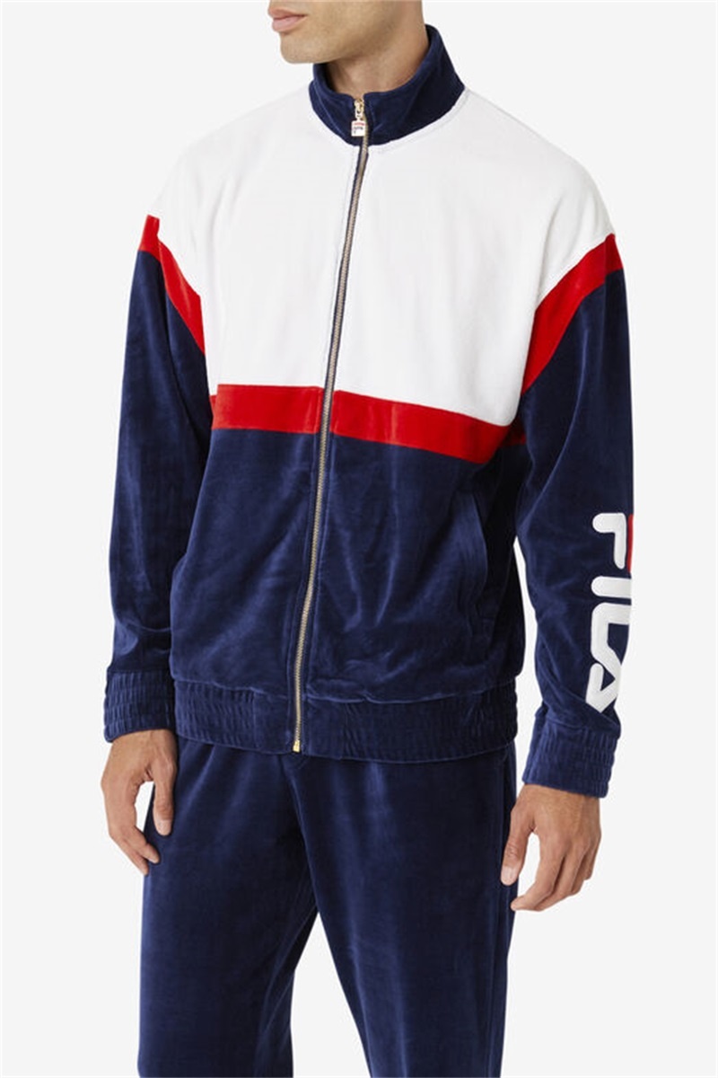 Navy / White / Red Men's Fila Mansur Velour Jackets | Saudi Arabia-761928