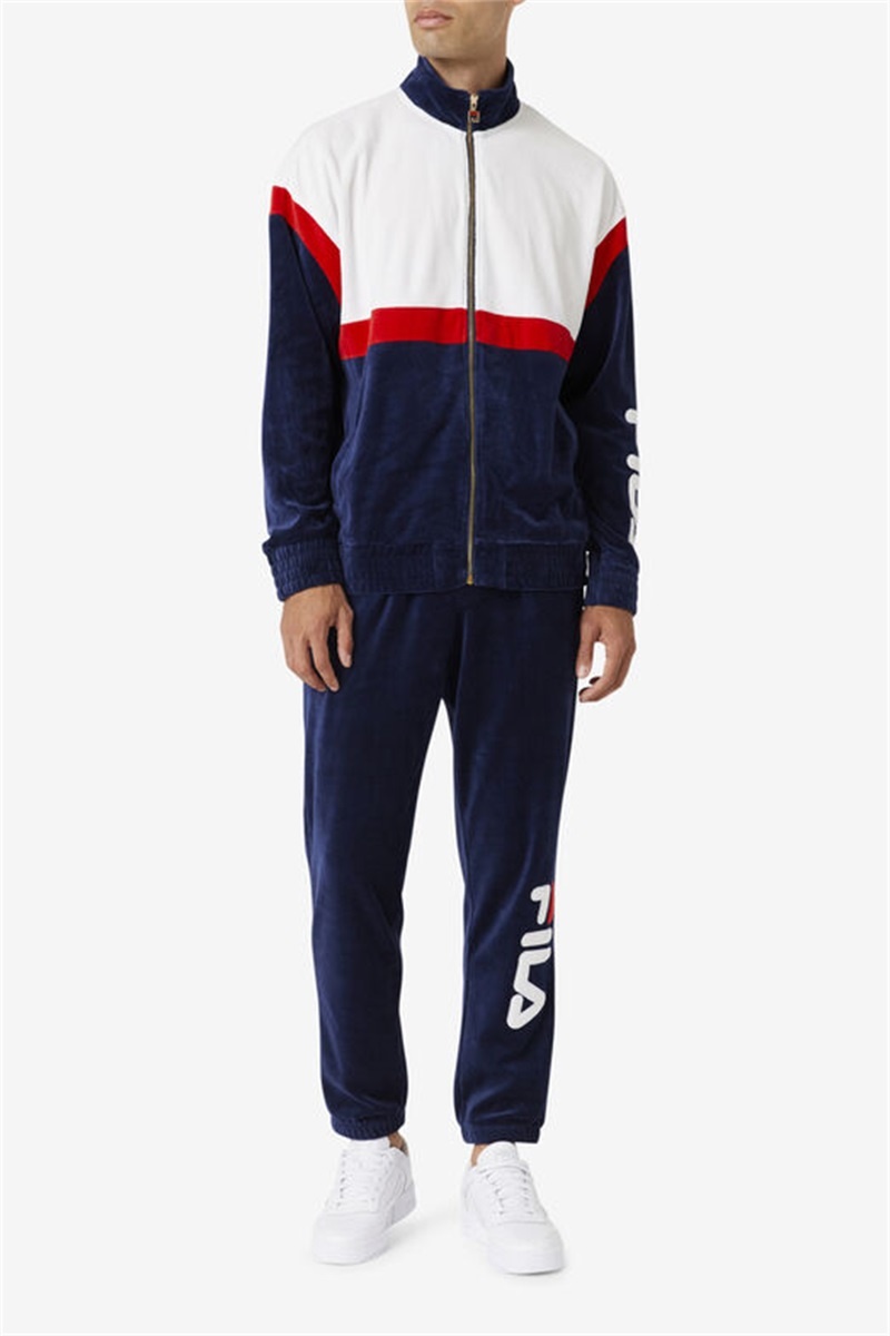 Navy / White / Red Men's Fila Mansur Velour Jackets | Saudi Arabia-761928