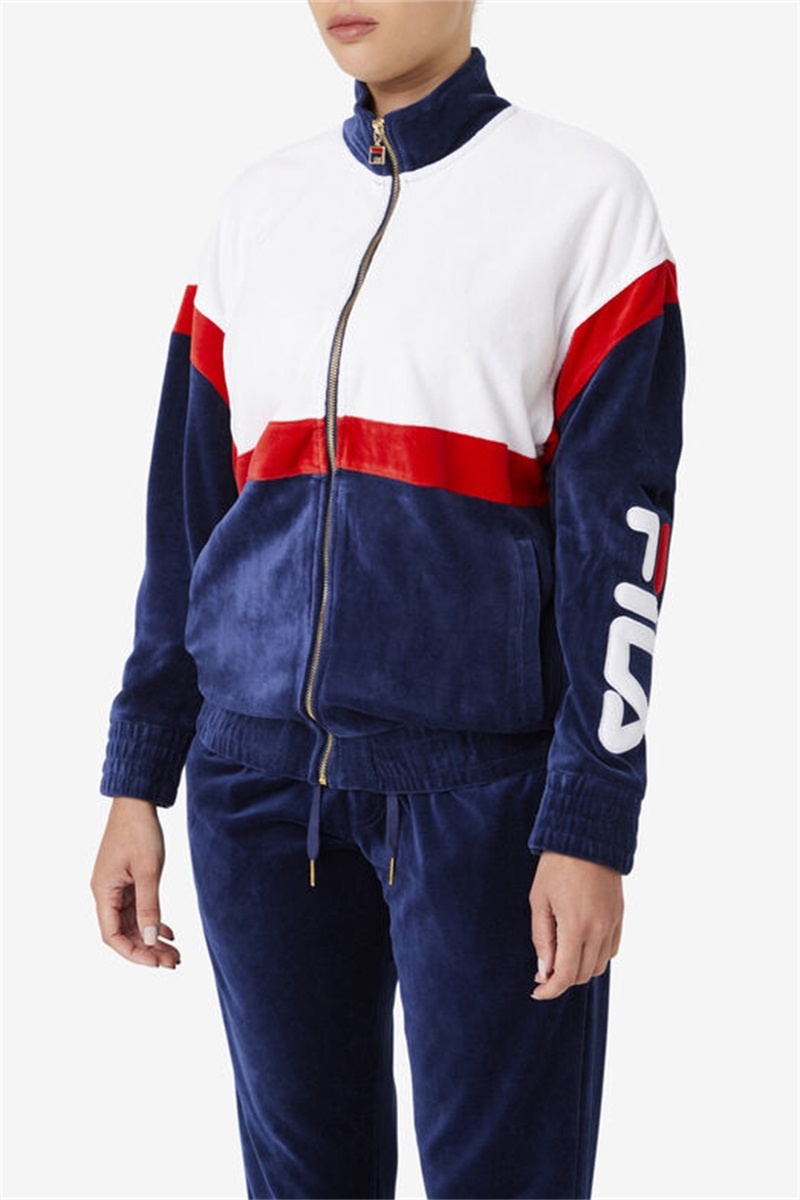 Navy / White / Red Men's Fila Mansur Velour Jackets | Saudi Arabia-761928