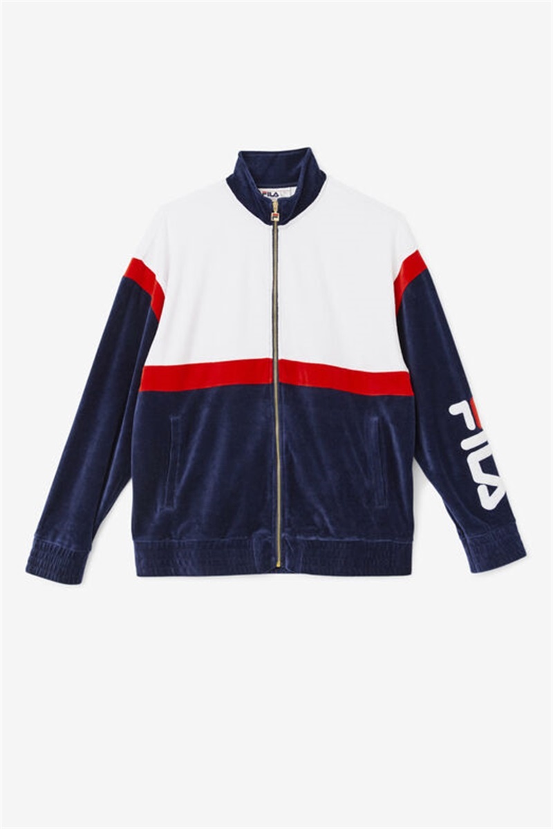 Navy / White / Red Men\'s Fila Mansur Velour Jackets | Saudi Arabia-761928