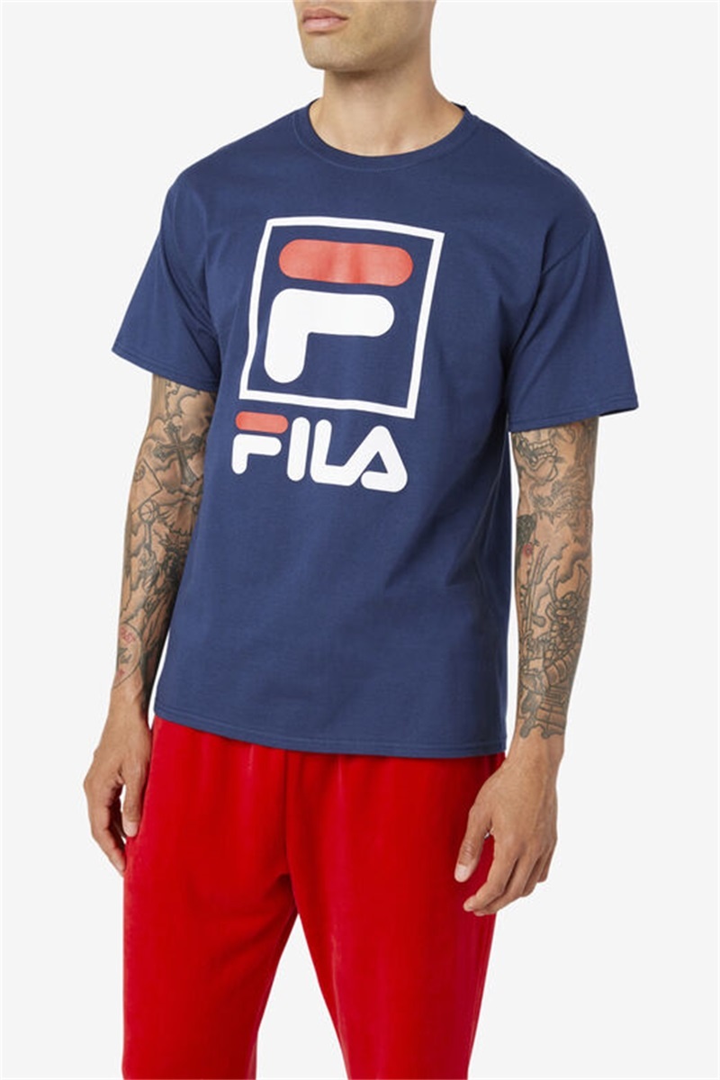 Navy / White / Red Men's Fila Stacked Tee Shirt | Saudi Arabia-364510