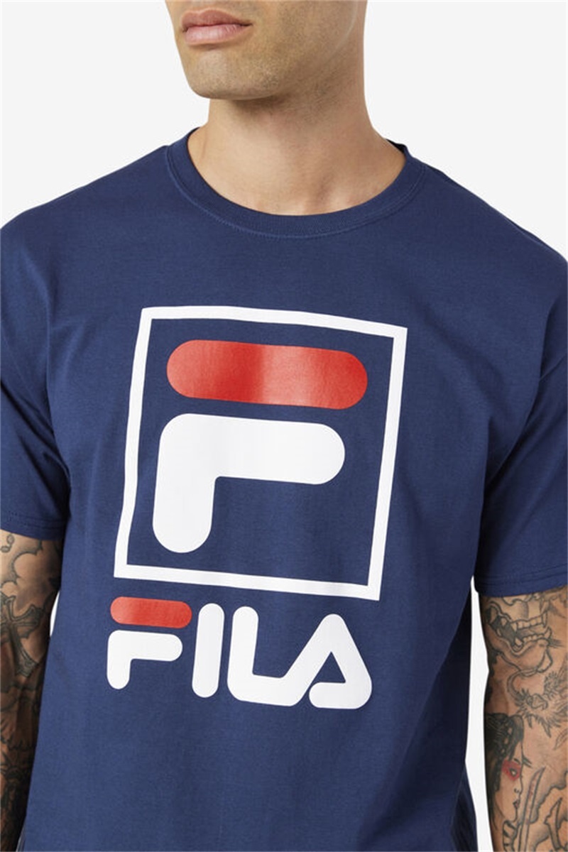 Navy / White / Red Men's Fila Stacked Tee Shirt | Saudi Arabia-364510