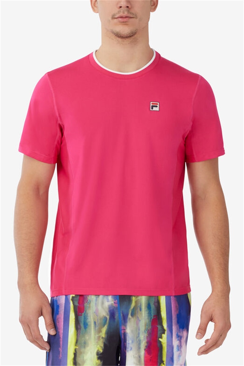 Pink Peacock / White Men's Fila Center Court Short Sleeve Crew Shirts | Saudi Arabia-874053