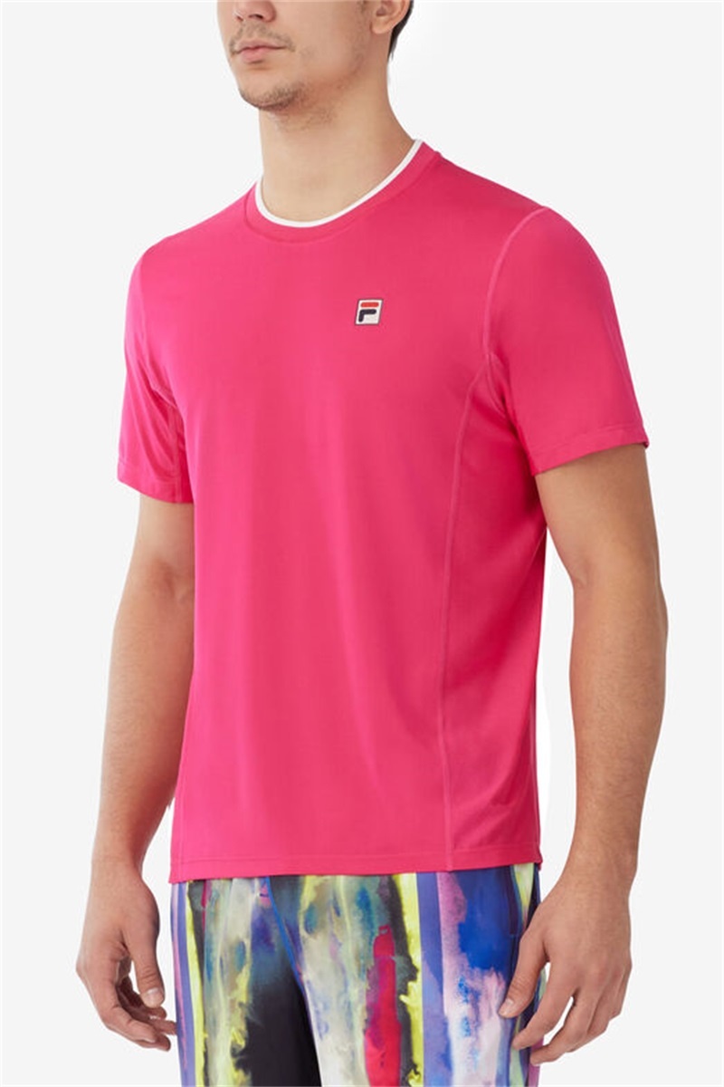 Pink Peacock / White Men's Fila Center Court Short Sleeve Crew Shirts | Saudi Arabia-874053