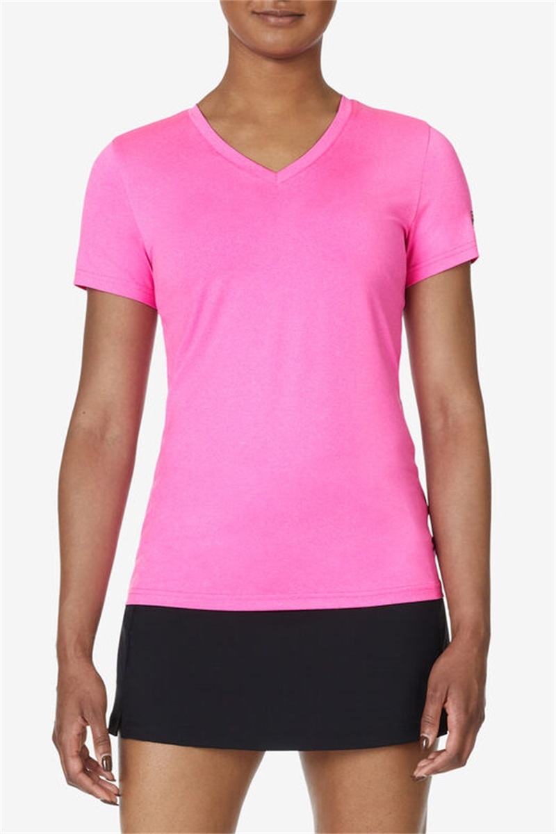 Pink Women's Fila Short Sleeve V-Neck Tops | Saudi Arabia-360789
