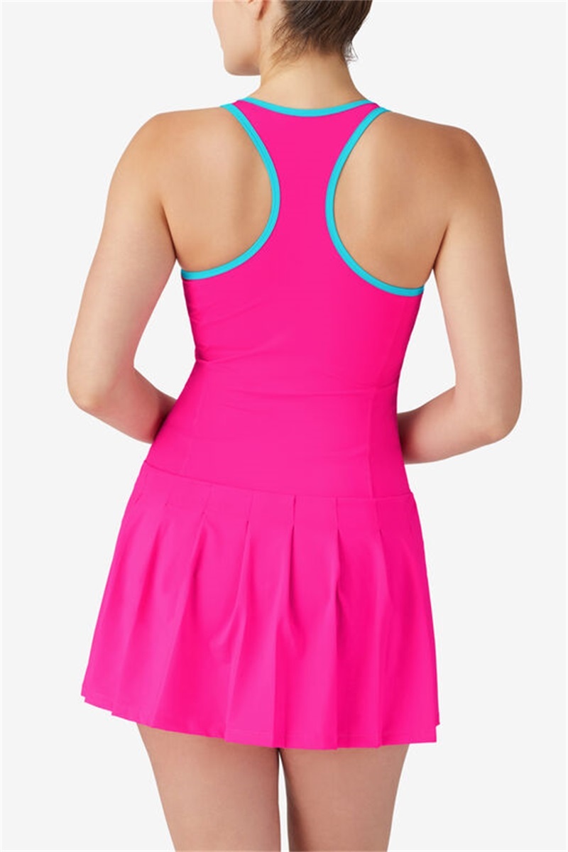 Pink / Blue Women's Fila Tie Breaker Pleated Dress | Saudi Arabia-581627