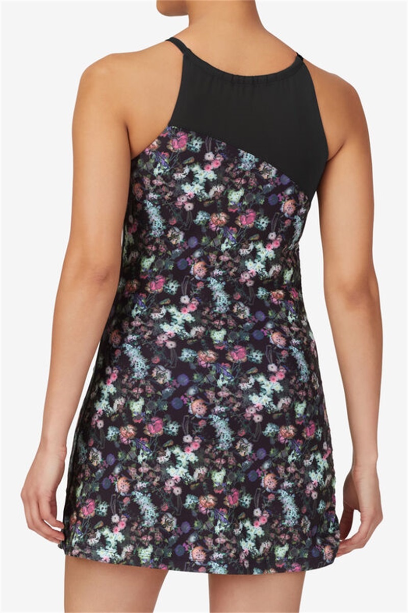 Purple / Black Women's Fila Kick Serve Printed Halter Dress | Saudi Arabia-427810