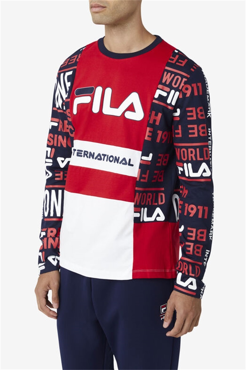Red / Navy / White Men's Fila Avide Long Sleeve Tee | Saudi Arabia-612739