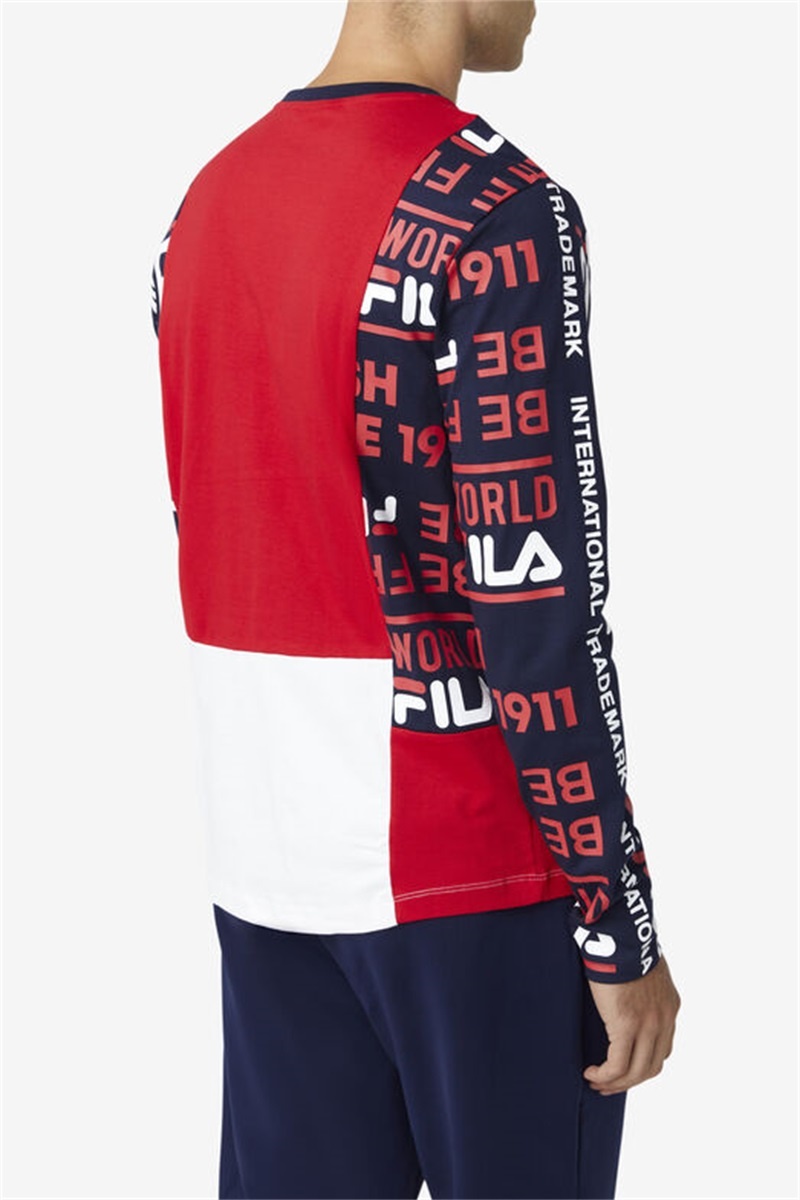 Red / Navy / White Men's Fila Avide Long Sleeve Tee | Saudi Arabia-612739