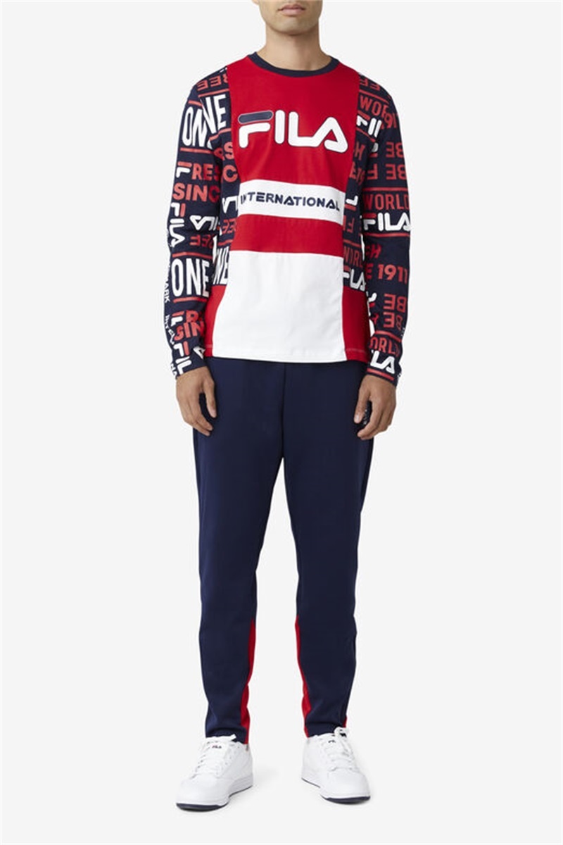 Red / Navy / White Men's Fila Avide Long Sleeve Tee | Saudi Arabia-612739