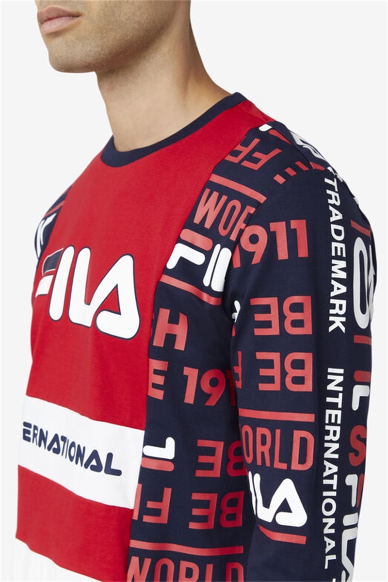 Red / Navy / White Men's Fila Avide Long Sleeve Tee | Saudi Arabia-612739