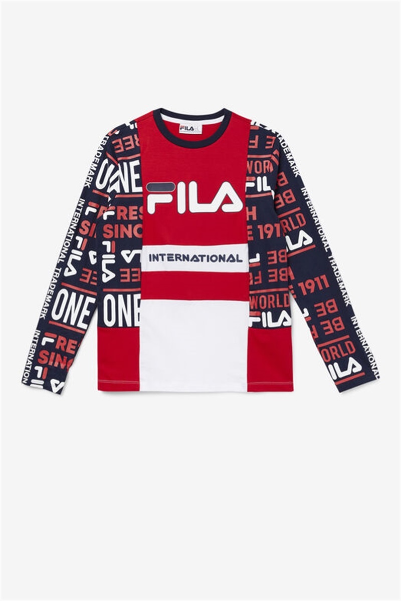 Red / Navy / White Men\'s Fila Avide Long Sleeve Tee | Saudi Arabia-612739