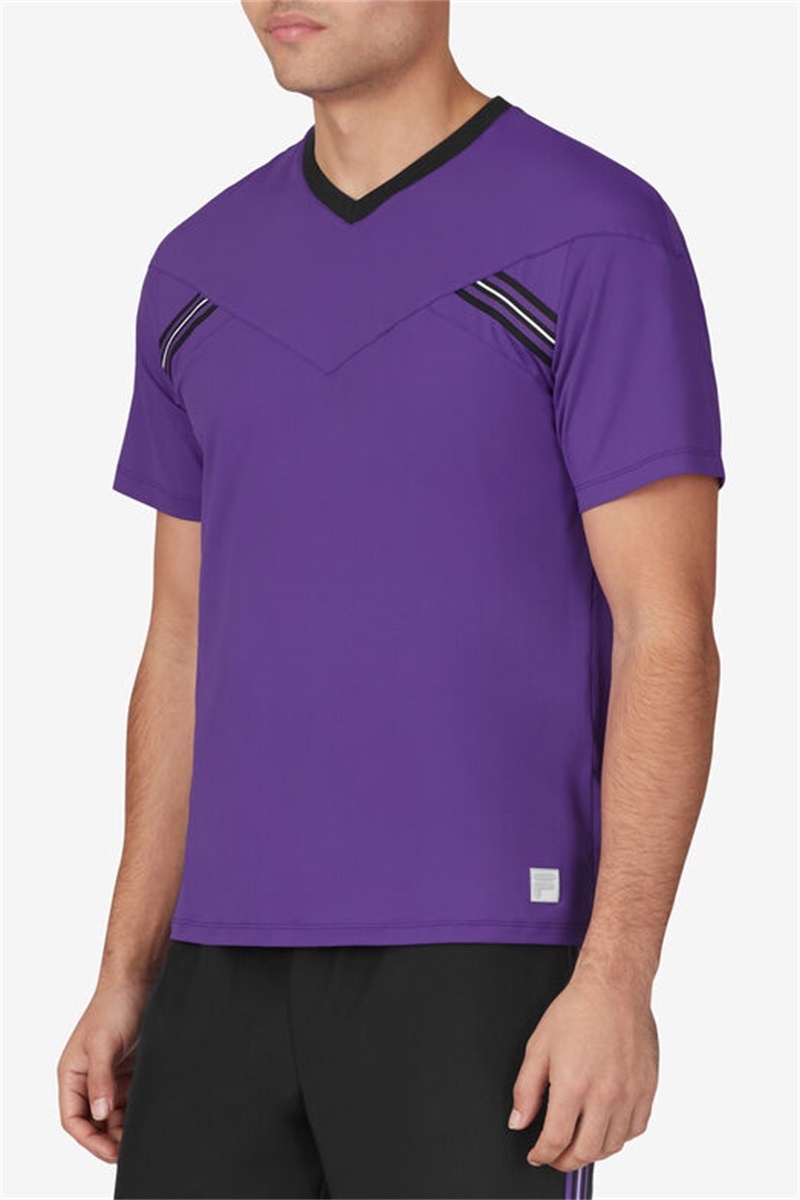 Royal Purple / Black / White Men's Fila Back Spin Short Sleeve V-Neck Shirts | Saudi Arabia-165097