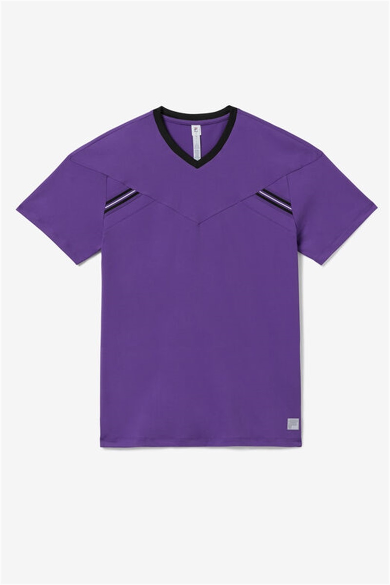 Royal Purple / Black / White Men\'s Fila Back Spin Short Sleeve V-Neck Shirts | Saudi Arabia-165097