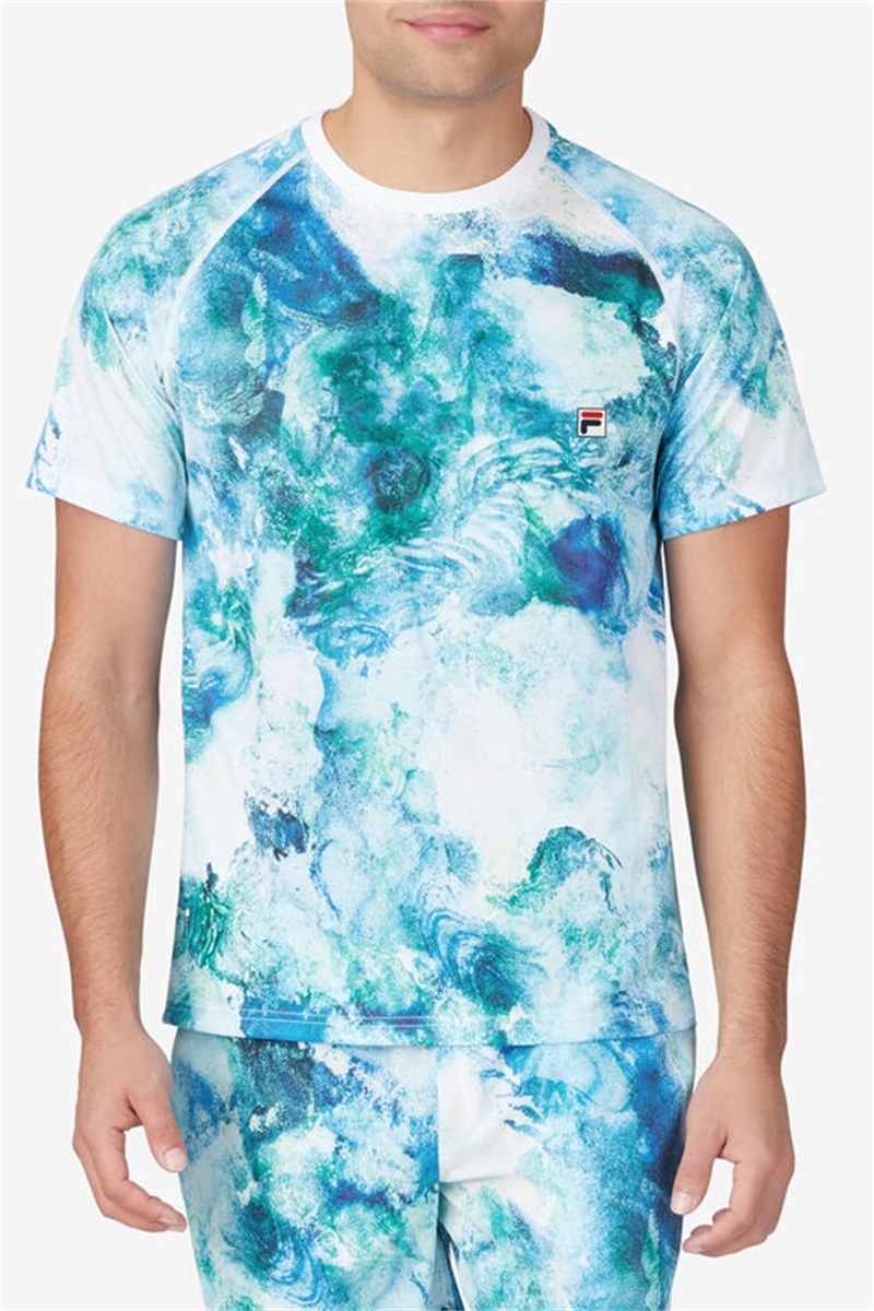 White Men's Fila Deuce Court Short Sleeve Printed Crew Shirts | Saudi Arabia-053721