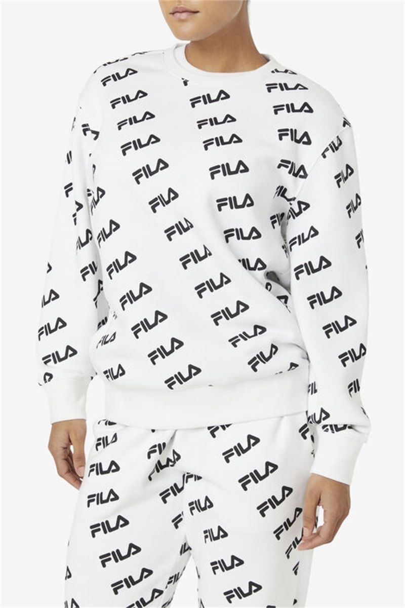 White / Black Men's Fila Diagonal Logo Crew Tops | Saudi Arabia-350469
