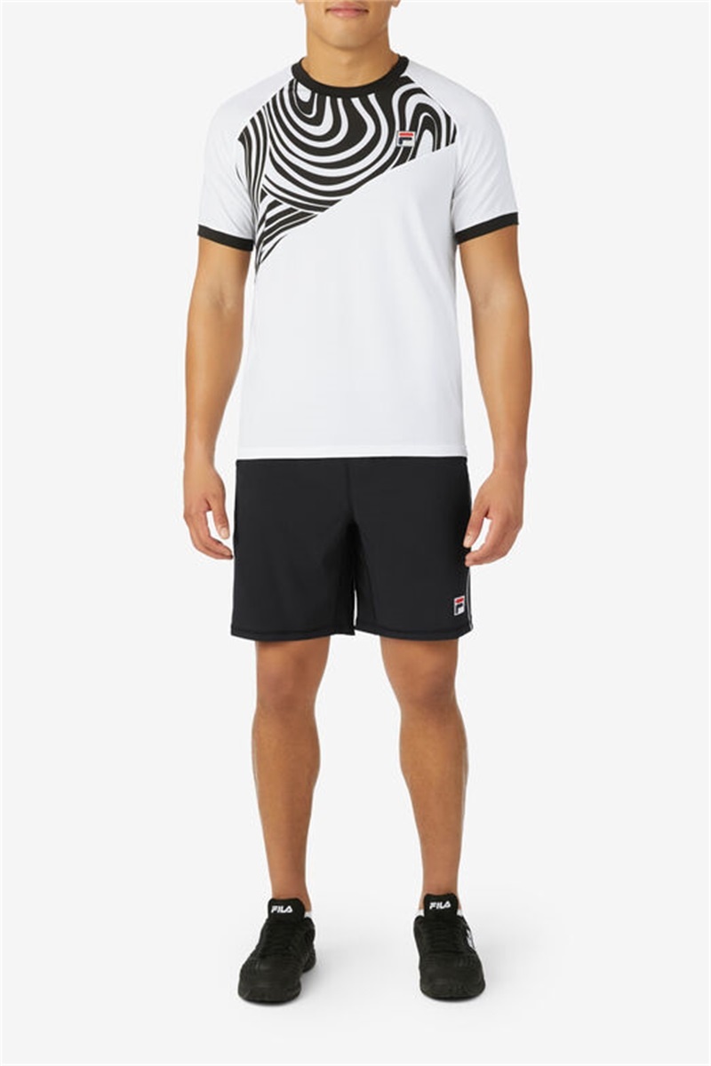 White / Black Men's Fila Tie Breaker Short Sleeve Color Block Printed Crew Shirts | Saudi Arabia-235968