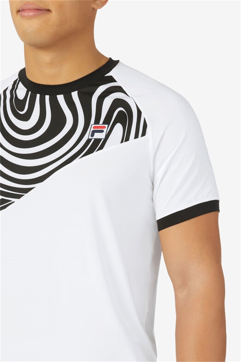 White / Black Men's Fila Tie Breaker Short Sleeve Color Block Printed Crew Shirts | Saudi Arabia-235968