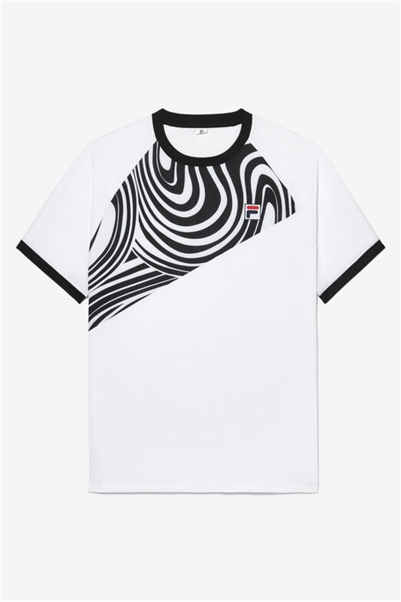 White / Black Men\'s Fila Tie Breaker Short Sleeve Color Block Printed Crew Shirts | Saudi Arabia-235968