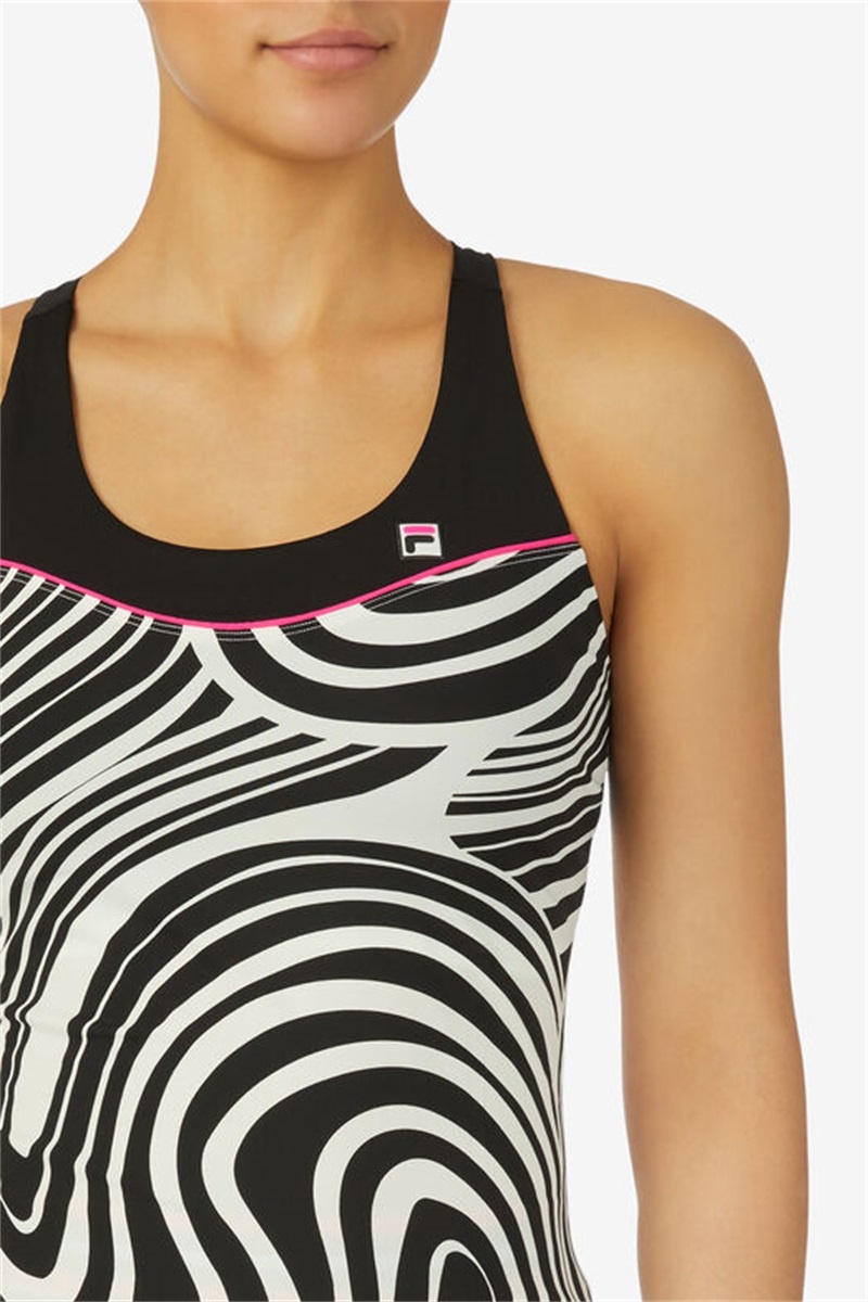 White / Black Women's Fila Tie Breaker Printed Racerback Tanks | Saudi Arabia-248051