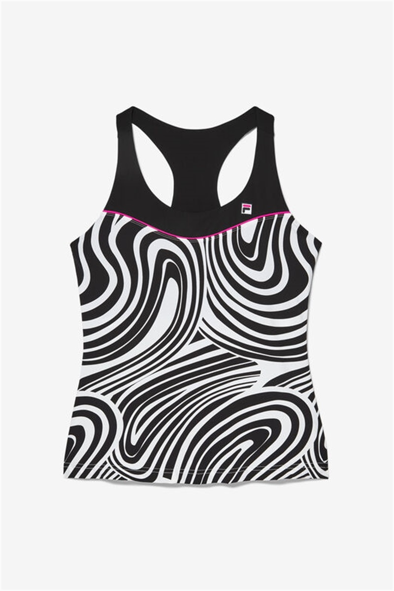 White / Black Women\'s Fila Tie Breaker Printed Racerback Tanks | Saudi Arabia-248051