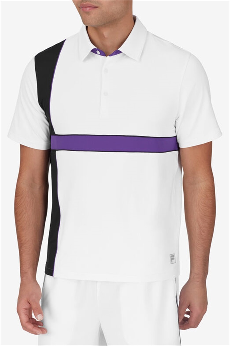 White / Black / Royal Purple Men's Fila Back Spin Short Sleeve Polo Shirts | Saudi Arabia-670193