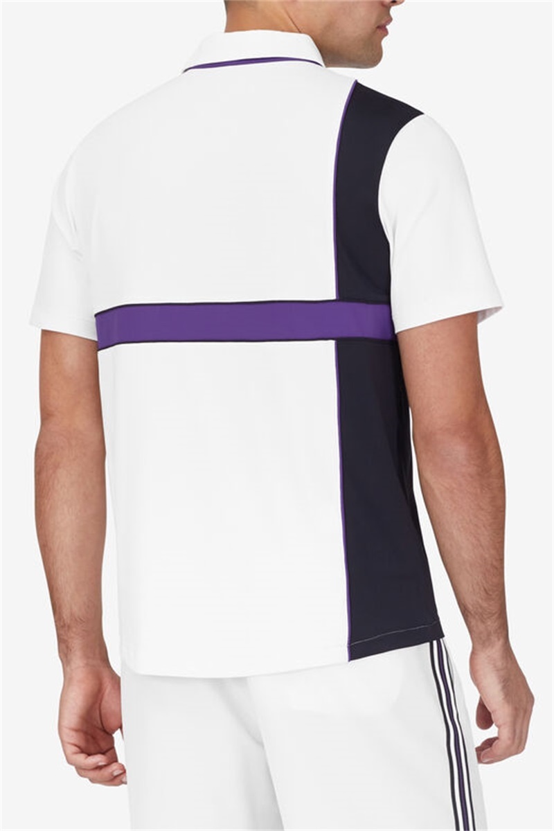 White / Black / Royal Purple Men's Fila Back Spin Short Sleeve Polo Shirts | Saudi Arabia-670193