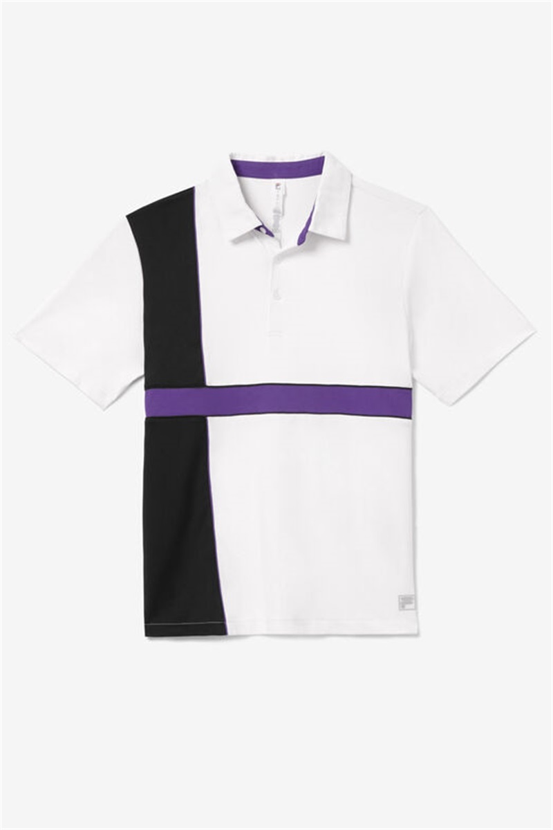 White / Black / Royal Purple Men\'s Fila Back Spin Short Sleeve Polo Shirts | Saudi Arabia-670193