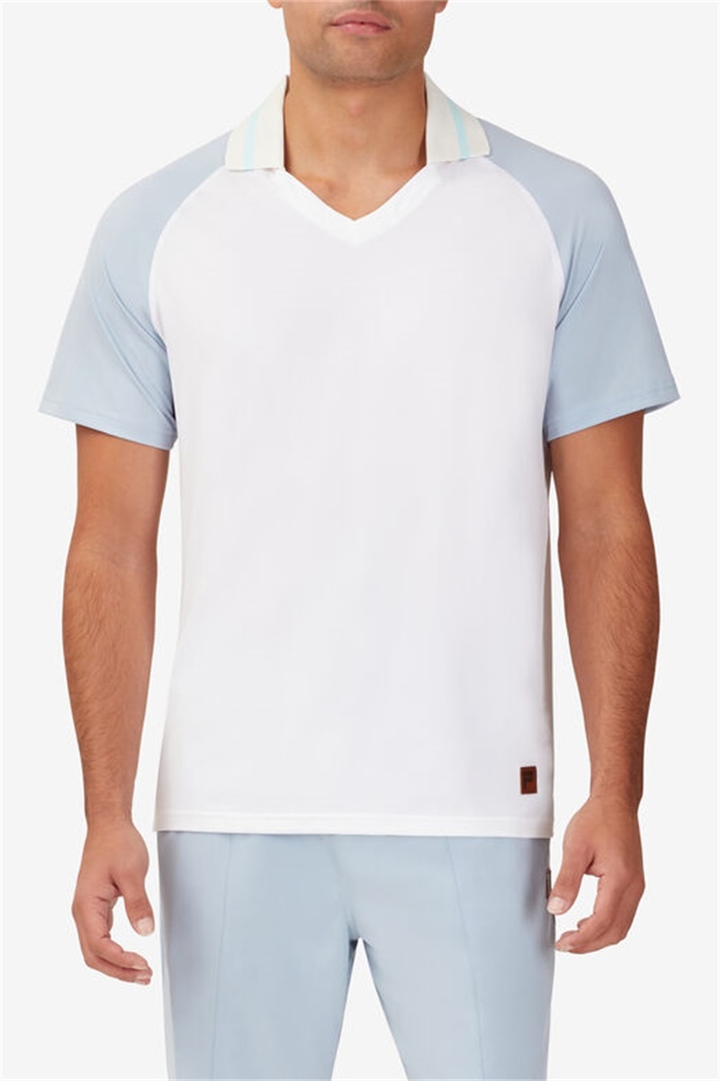 White / Blue Men's Fila Cross Court V-Neck Polo Shirts | Saudi Arabia-189542
