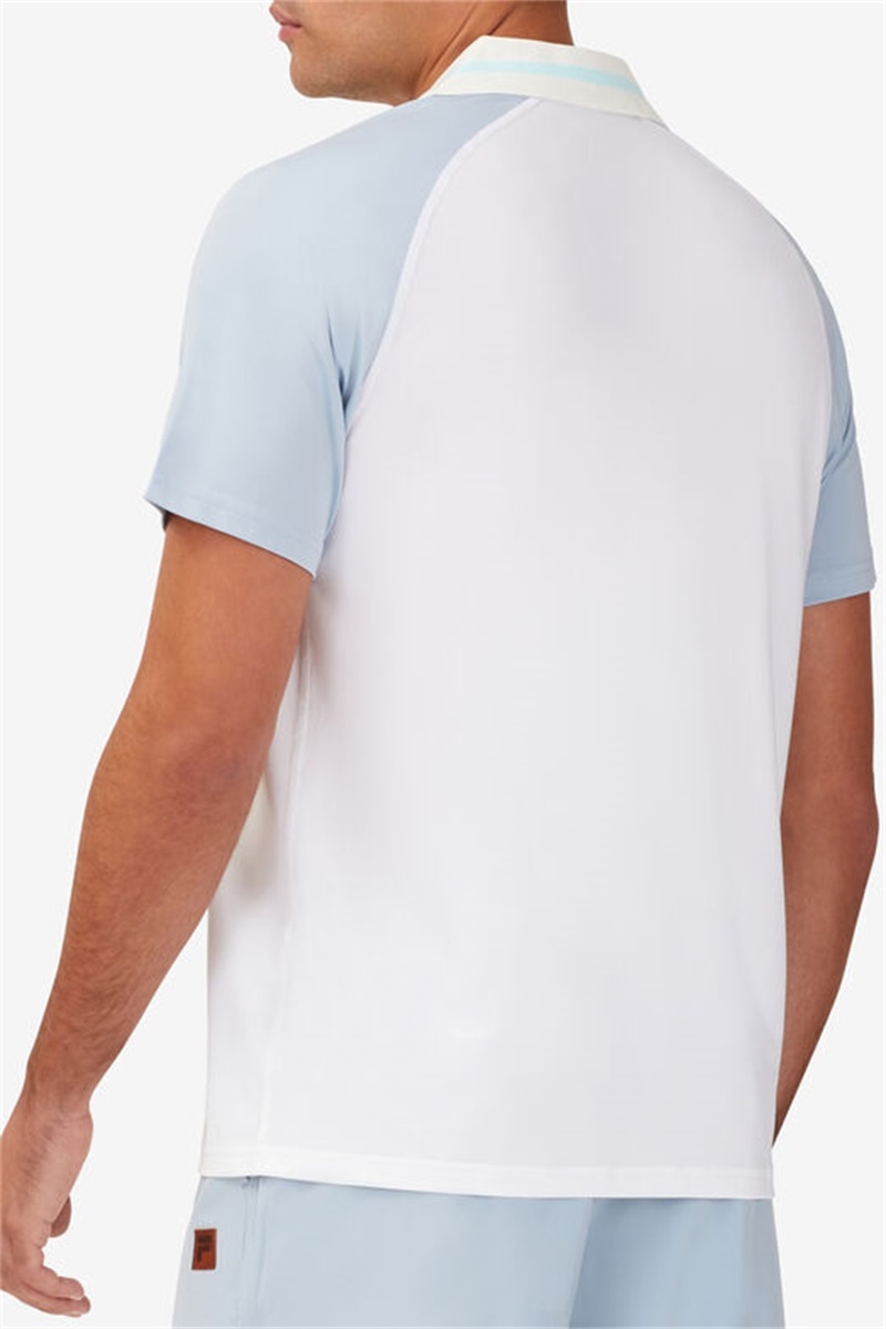 White / Blue Men's Fila Cross Court V-Neck Polo Shirts | Saudi Arabia-189542