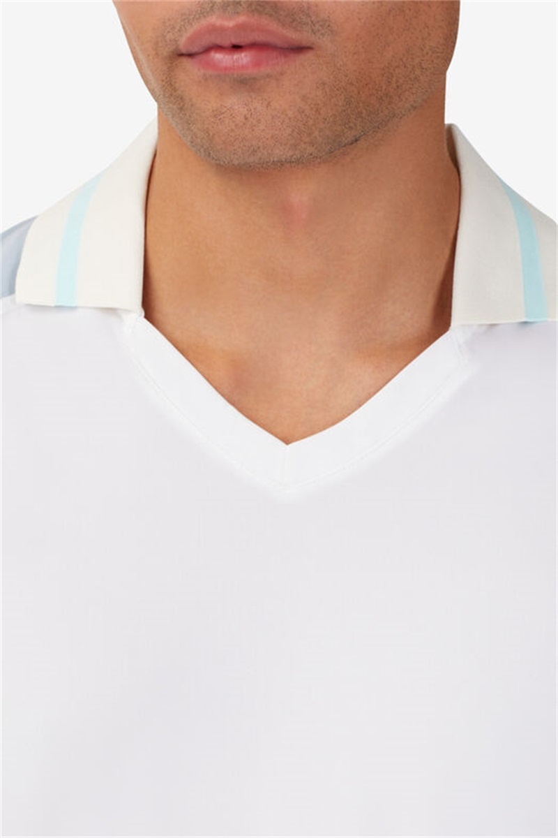 White / Blue Men's Fila Cross Court V-Neck Polo Shirts | Saudi Arabia-189542