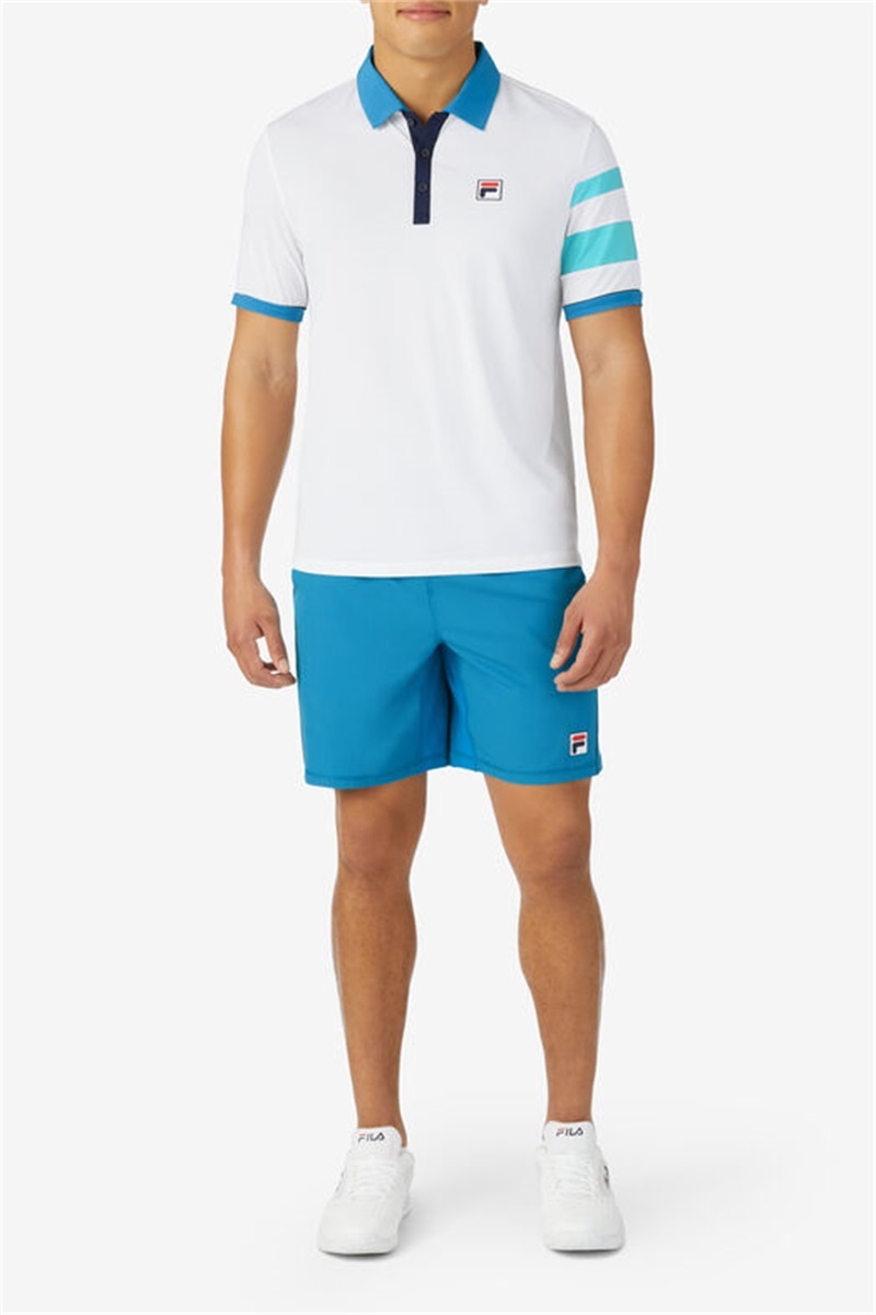 White / Blue Men's Fila Tie Breaker Short Sleeve Polo Shirts | Saudi Arabia-190425