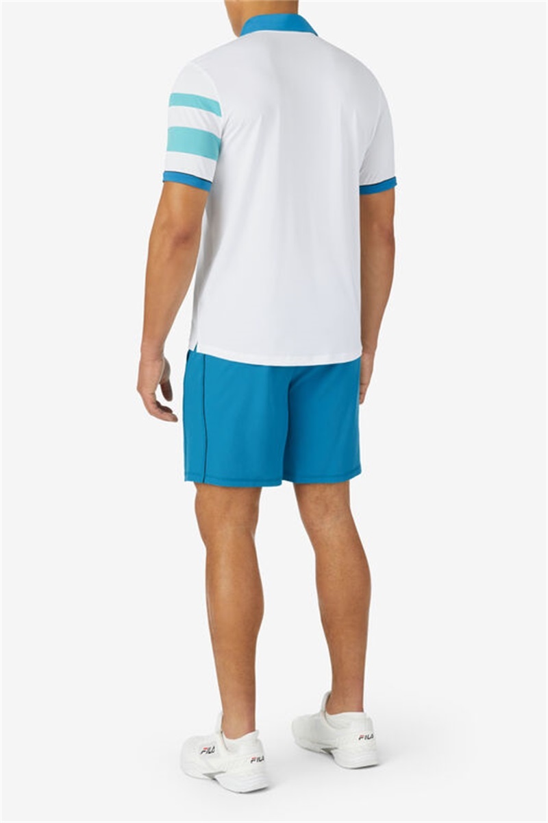 White / Blue Men's Fila Tie Breaker Short Sleeve Polo Shirts | Saudi Arabia-190425