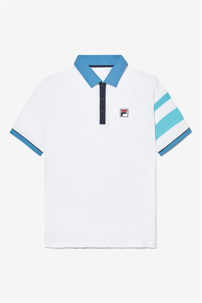 White / Blue Men\'s Fila Tie Breaker Short Sleeve Polo Shirts | Saudi Arabia-190425