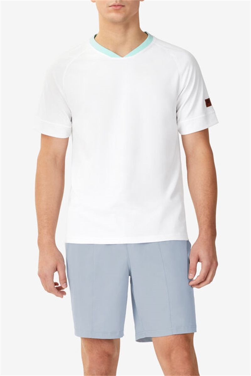 White / Blue / Blue Men's Fila Cross Court Short Sleeve Crew Shirts | Saudi Arabia-614957